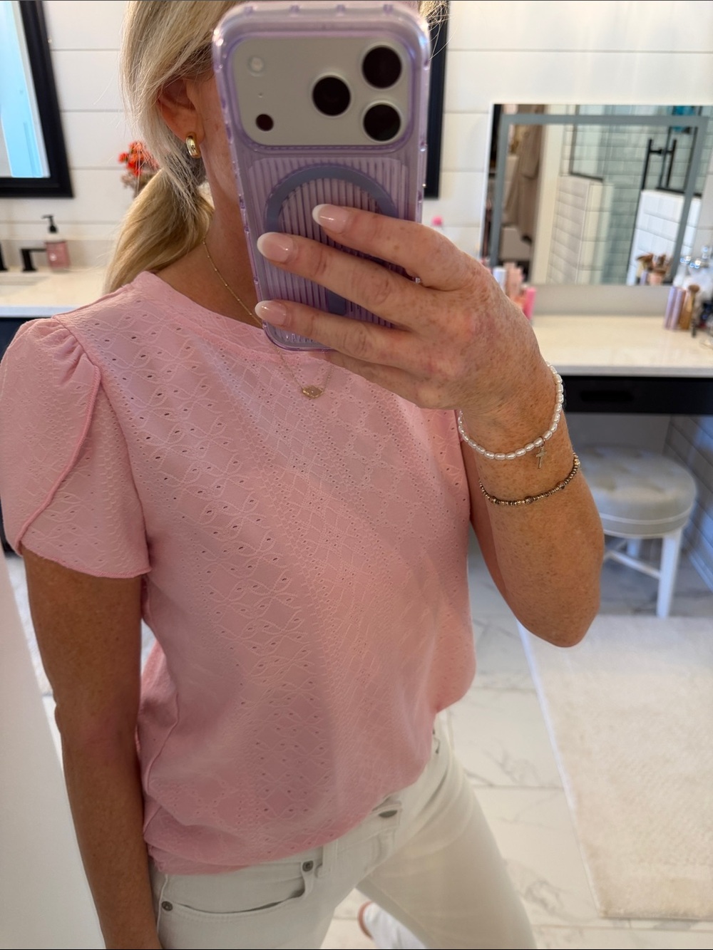 SHEIN Light Pink Eyelet Puff Sleeve Blouse